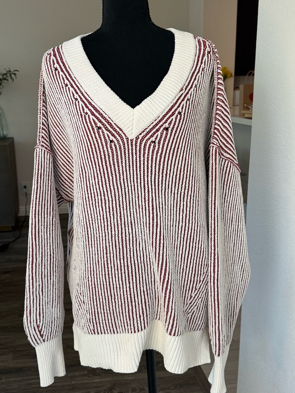 Aerie Burgundy Ivory Striped V-Neck Sweater NWT Size S/P